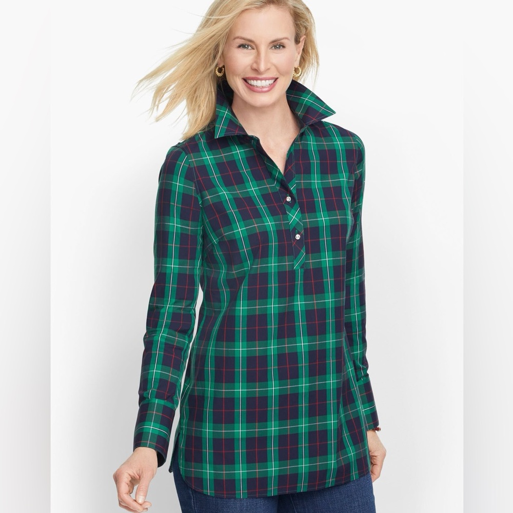 Talbots Perfect Popover Hiking Green Plaid Non Iron Shirt Size 20W Petite
